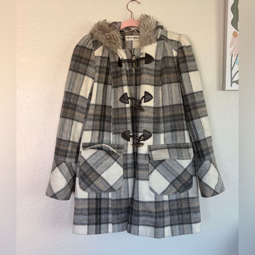 ASOS Miss Selfridge Gray Plaid Pea Coat with Faux Fur Trim Hood Size 8 - Picture 1 of 5